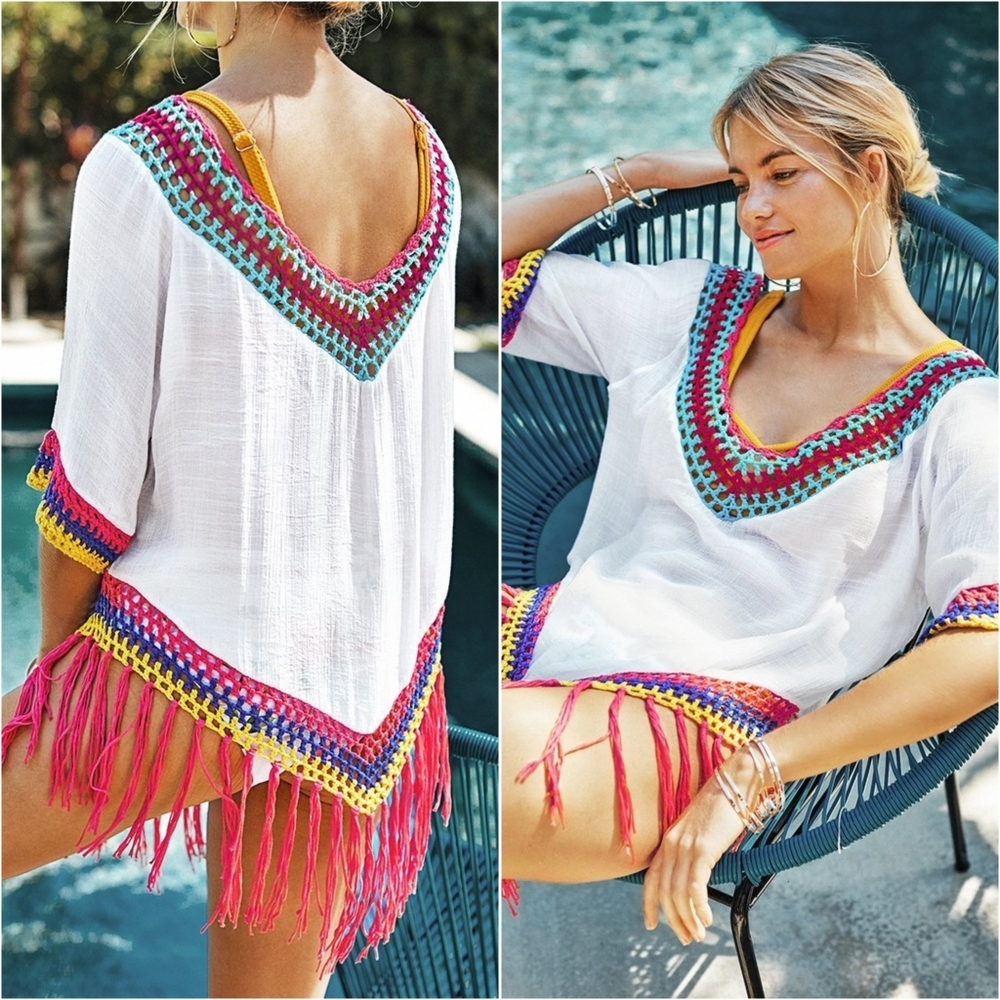Cupshe White Crochet Tassel Beach Cover Up Tunic Boho Fringe Swim Coverup S/M - Picture 8 of 13